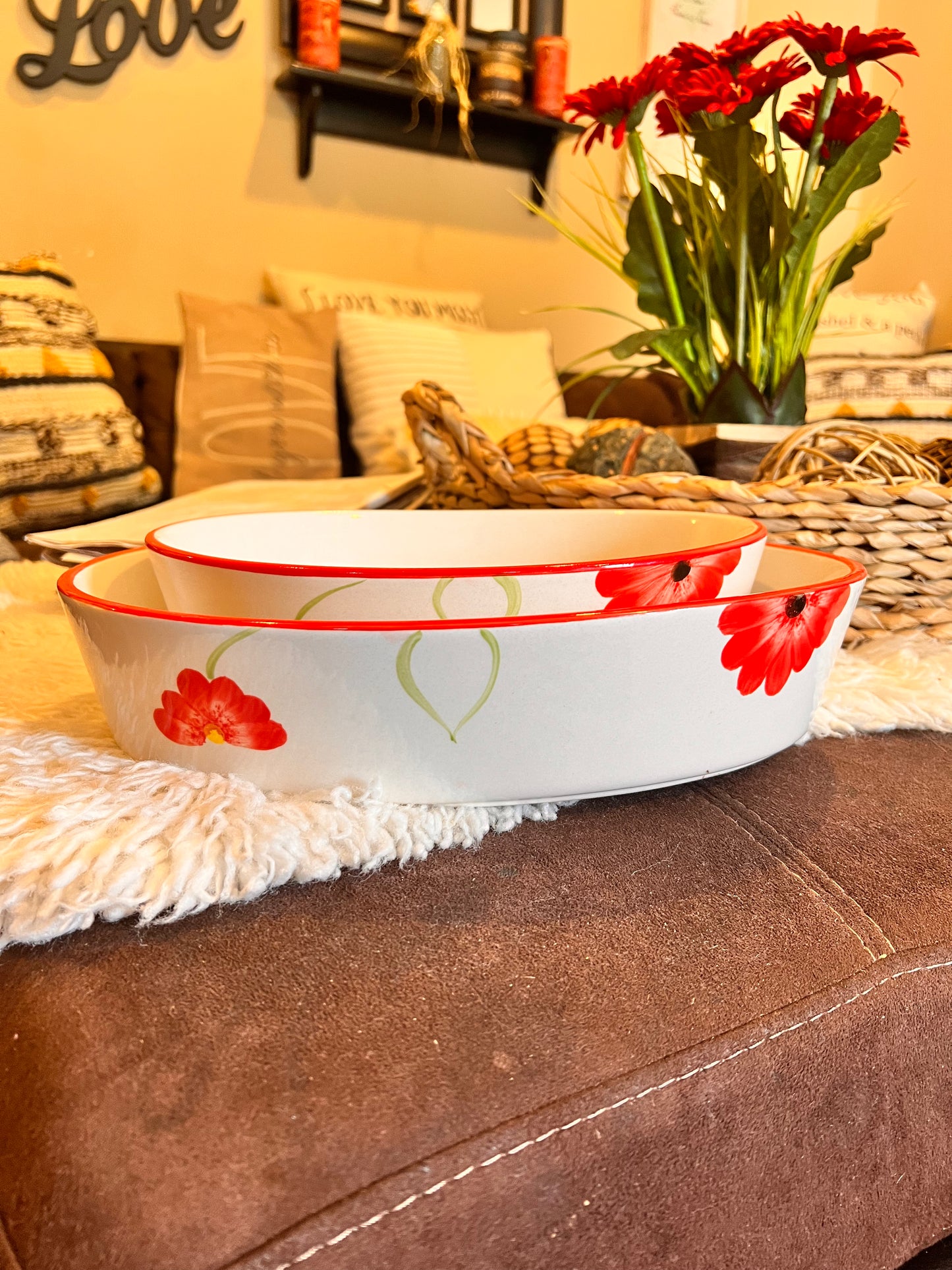 Red Flower Baking Dish Set