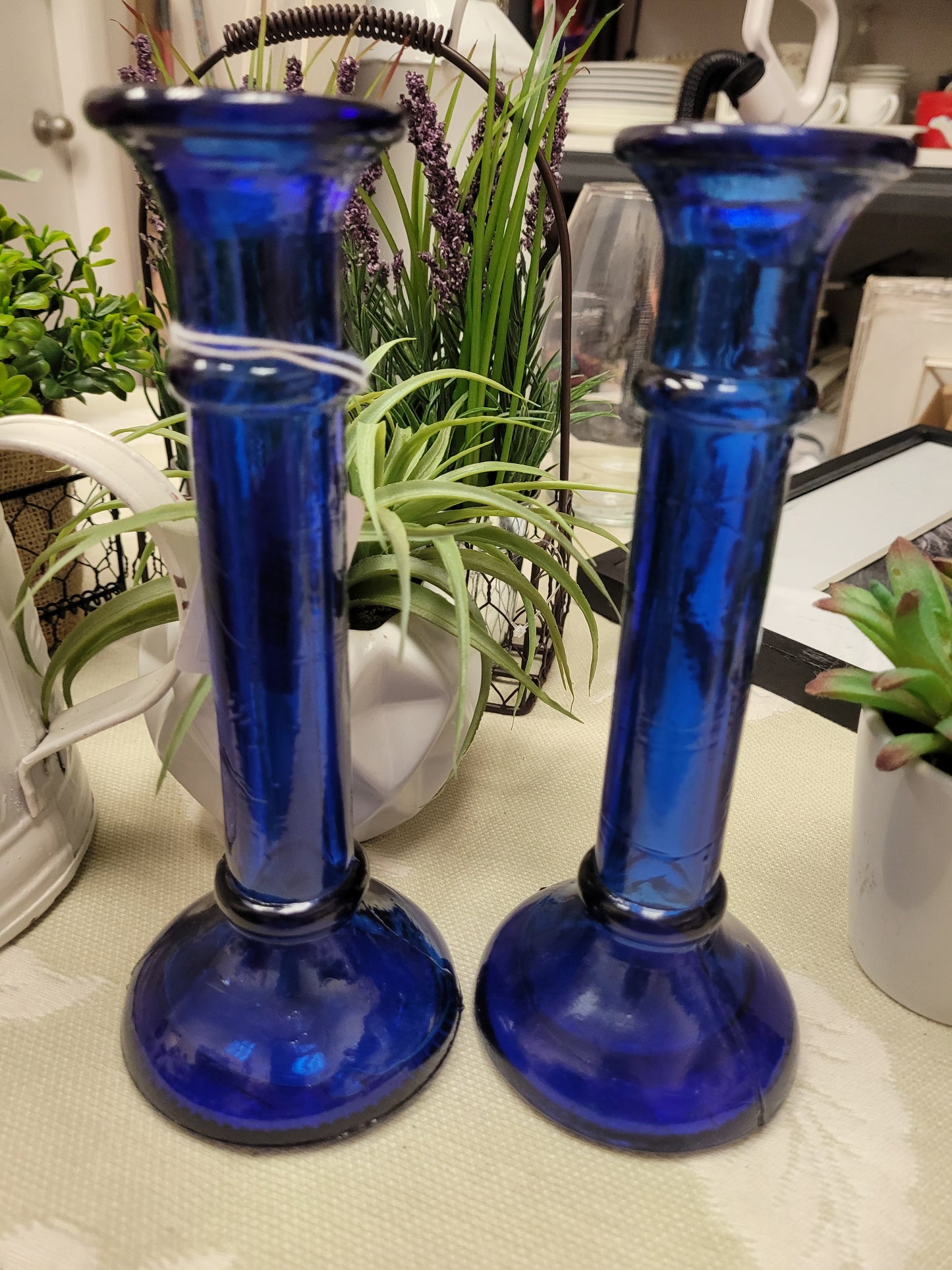 VTG Blue Glass Candle Stk Set