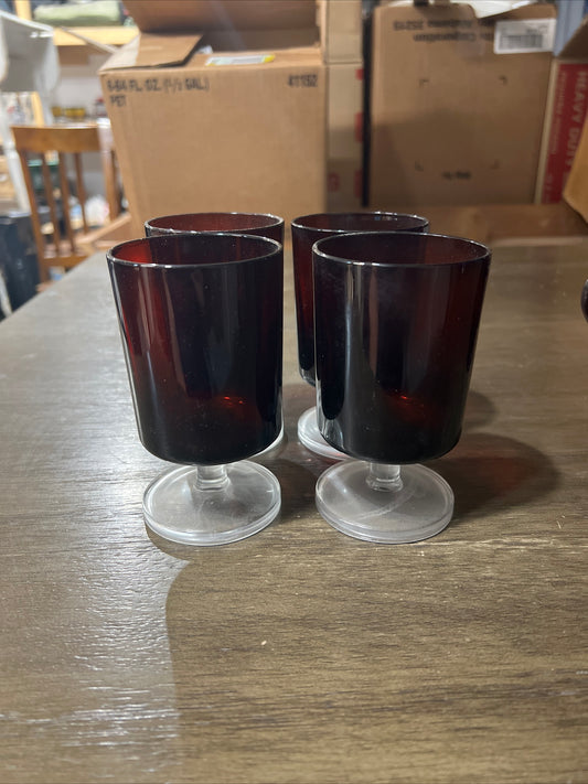 4 Vintage Ruby Red Clear Stem Glass Set